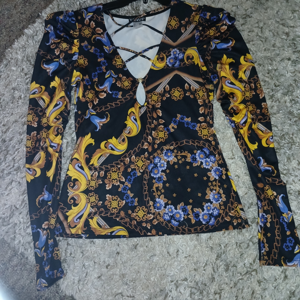 Versace Inspired Long Sleeve Top - Black, Yellow, Blue